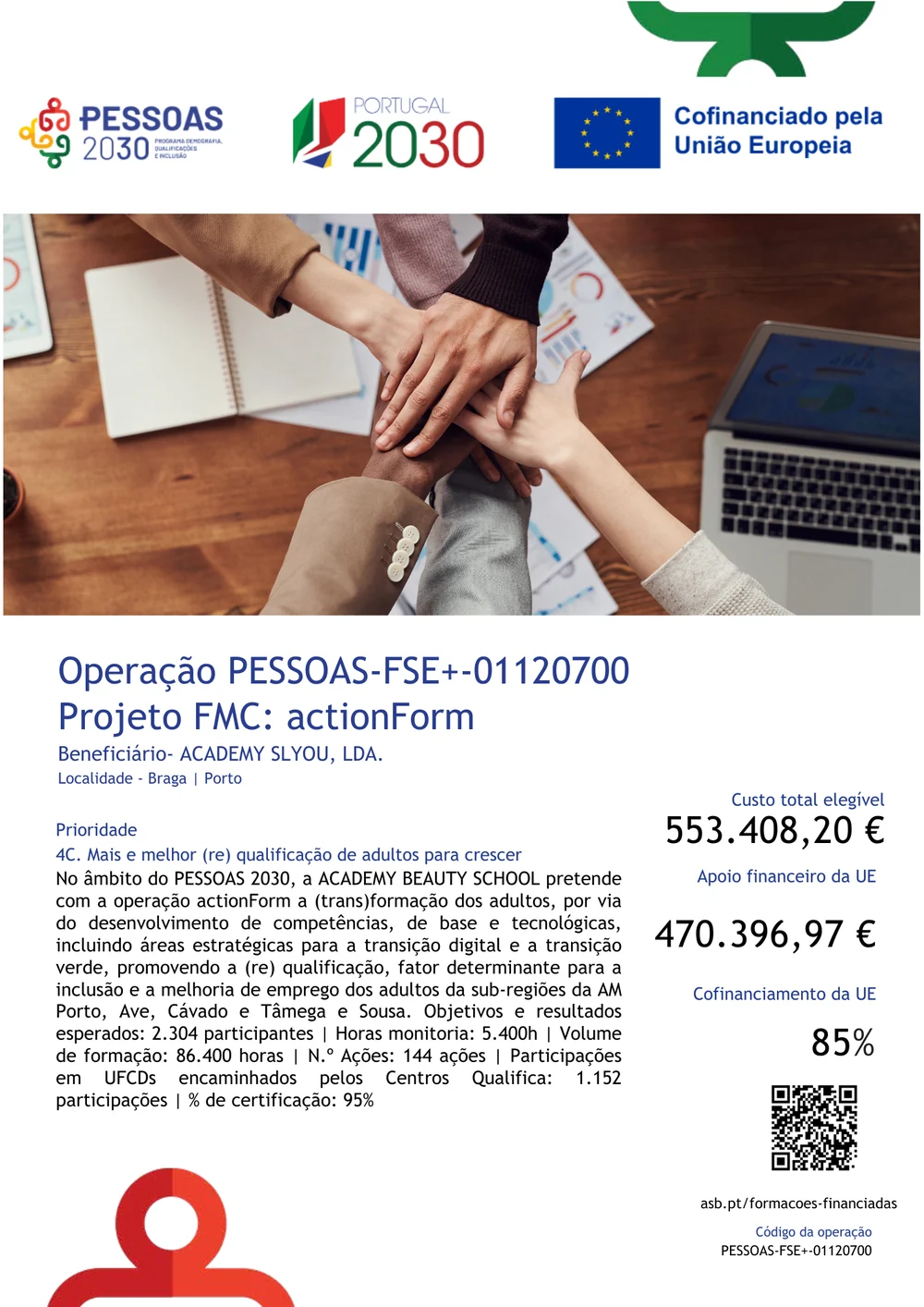 Ficha da operação PESSOAS-FSE+-01120700, Projeto FMC actionForm, beneficiário Academy Slyou, Lda.
